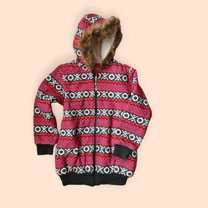 Red and black/white vintage faux fur hooded zip up jacket